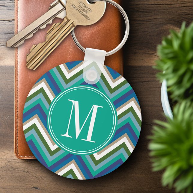 Porte-clés Motif Chevron bleu et Turquoise avec Monogram (Personalized Keychain - Add Name or Monogram)