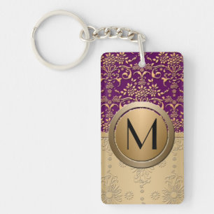 Porte-clés Motif damassé à monogramme or et violet élégant