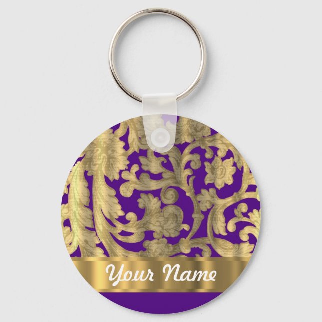Porte-clés Motif damassé fleuri or et violet (Recto)