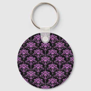 Porte-clés Motif damassé floral noir et fuchsia
