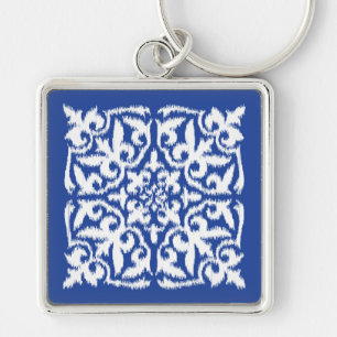 Porte-clés Motif damassé Ikat - bleu cobalt et blanc
