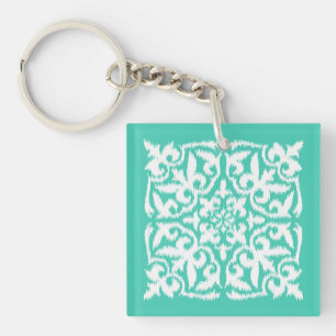 Porte-clés Motif damassé Ikat - bleu paon et blanc