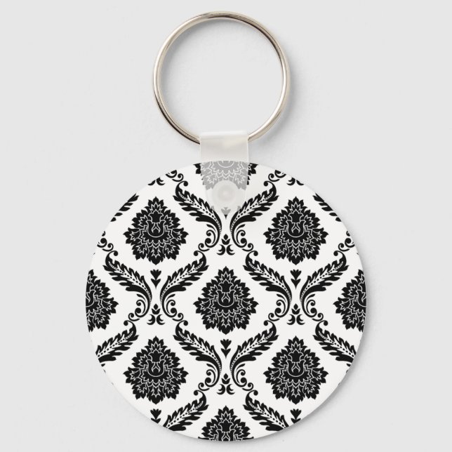 Porte-clés Motif Damassé Rococo Noir sur Blanc (Recto)