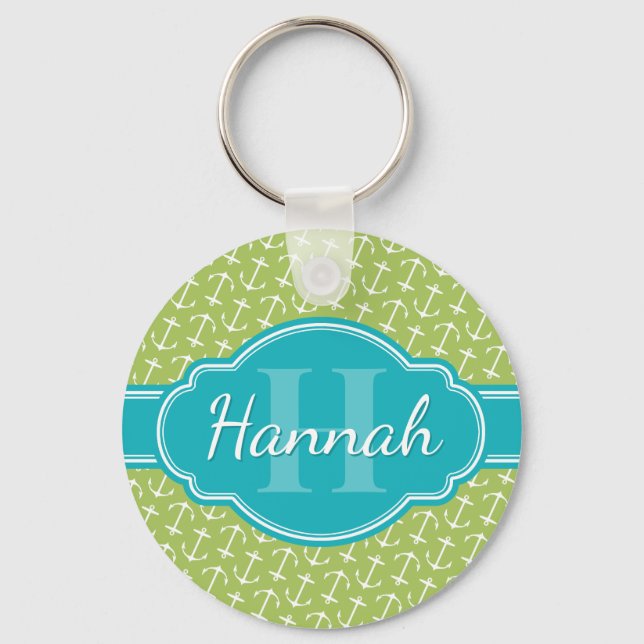Porte-clés Motif d'Ancre blanc vert Turquoise Monogramme (Recto)