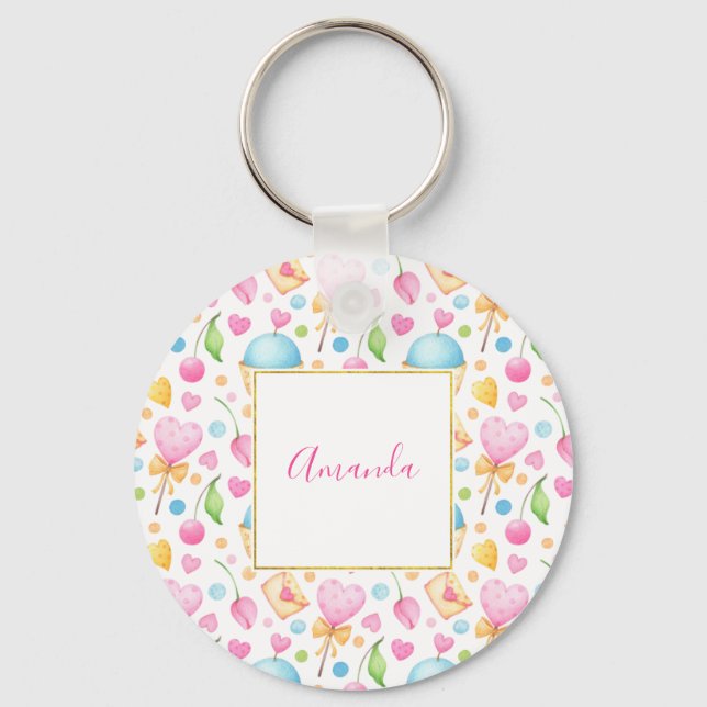 Porte-clés Motif d'aquarelle douce Coeurs et Cupcakes (Recto)