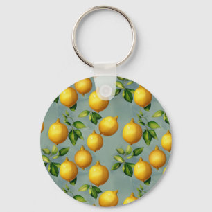 Porte-clés Motif d'art vintage citrons et feuilles sur gris