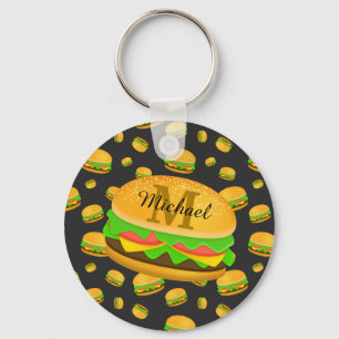 Porte-clés Motif de burger délicieux et amusant Monogramme