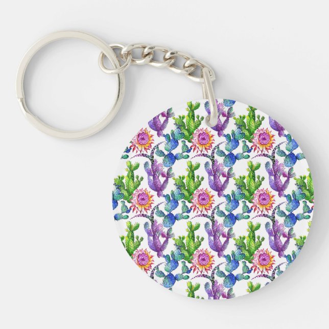 Porte-clés Motif de cactus de fleur sauvage d'aquarelle (Devant)