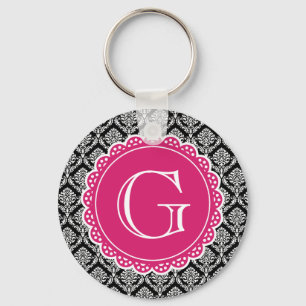 Porte-clés Motif de Damas Floral noir Monogramme rose chaud
