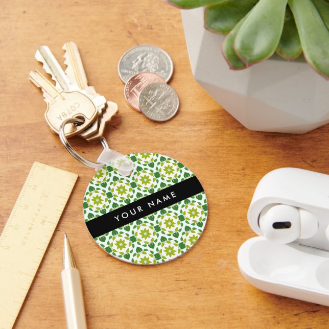 Porte-clés Motif de feuille, feuilles vertes, Votre Nom (Bureau)