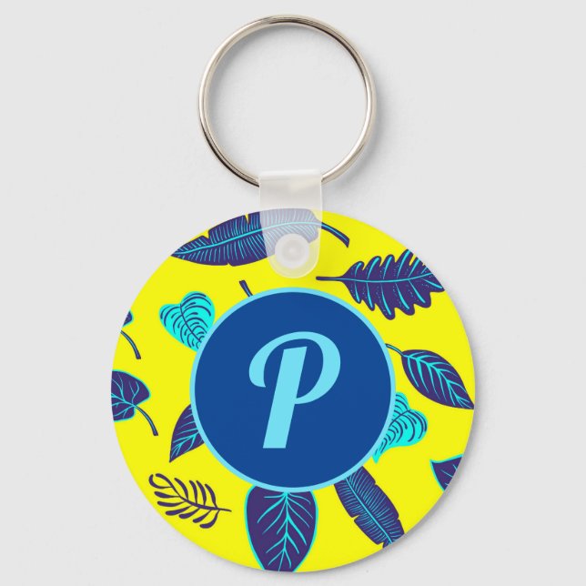 Porte-clés Motif de feuille tropicale jaune vif Monogramme (Recto)