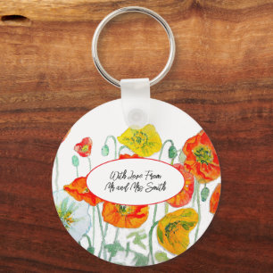 Porte-clés Motif de fleur de pavot rouge orange aquarelle mar