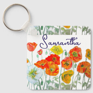 Porte-clés Motif de fleur de pavot rouge orange Merci