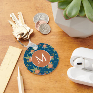 Porte-clés Motif de fleur de pêche vintage monogramme bleu fo