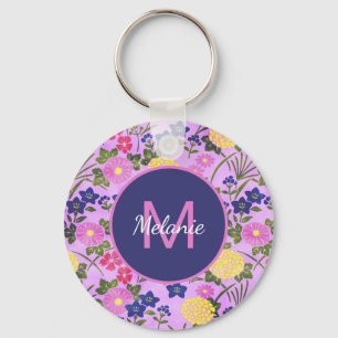 Porte-clés Motif de fleur vintage violet personnalisé