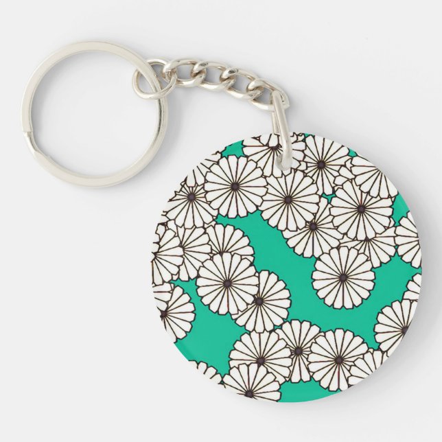 Porte-clés Motif de fleurs Art déco - blanc sur turquoise (Devant)