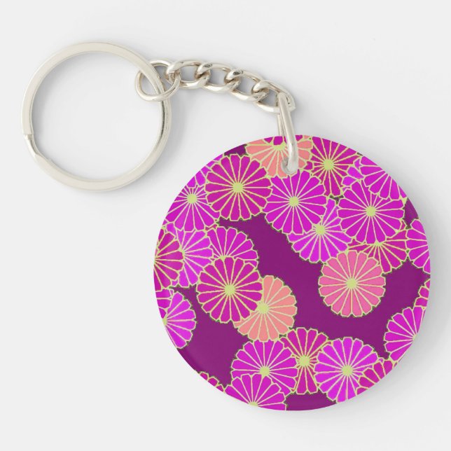 Porte-clés Motif de fleurs Art Déco - tons violet, corail (Devant)