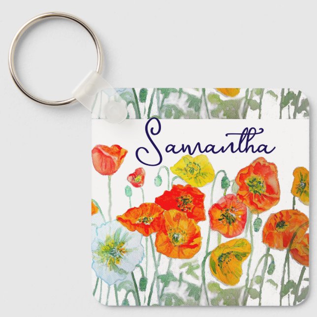 Porte-clés Motif de fleurs de pavot rouge orange Merci (Recto)