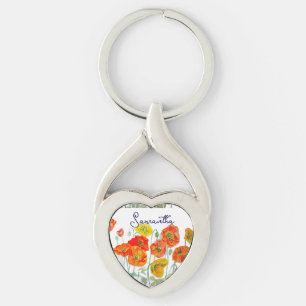 Porte-clés Motif de fleurs de pavot rouge orange Merci