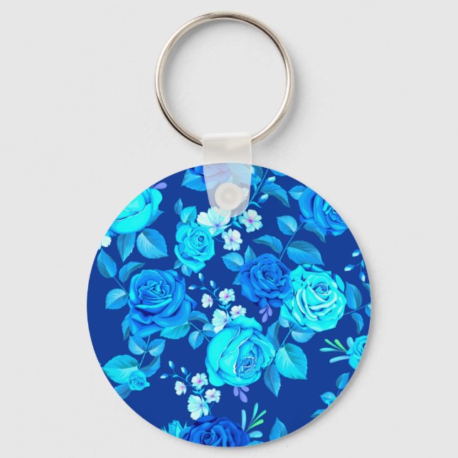 Porte-clés Motif de fleurs de rose bleue classique-87600 (Recto)