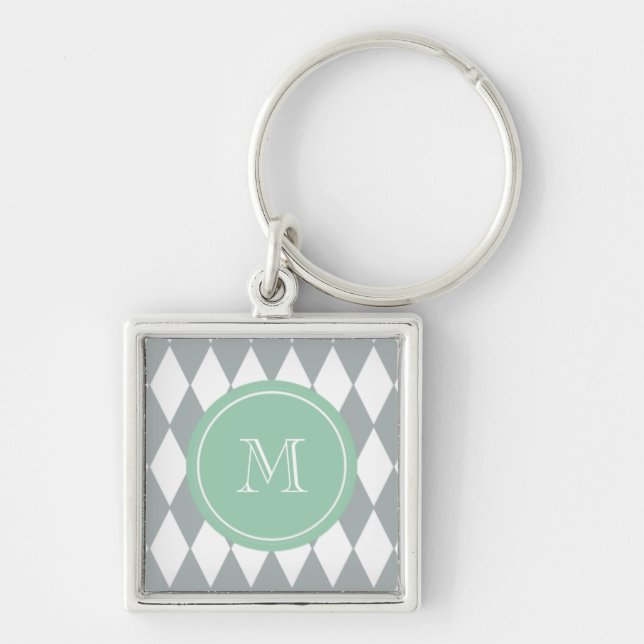 Porte-clés Motif de harlequin de blanc gris, monogramme vert (Devant)