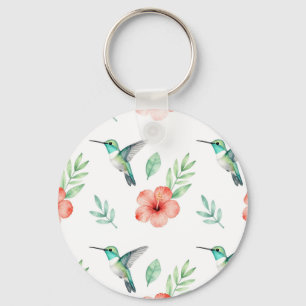 Porte-clés Motif de hibiscus à colibris turquoise