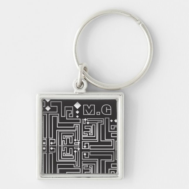 Porte-clés Motif de labyrinthe noir et blanc monogrammé (Devant)