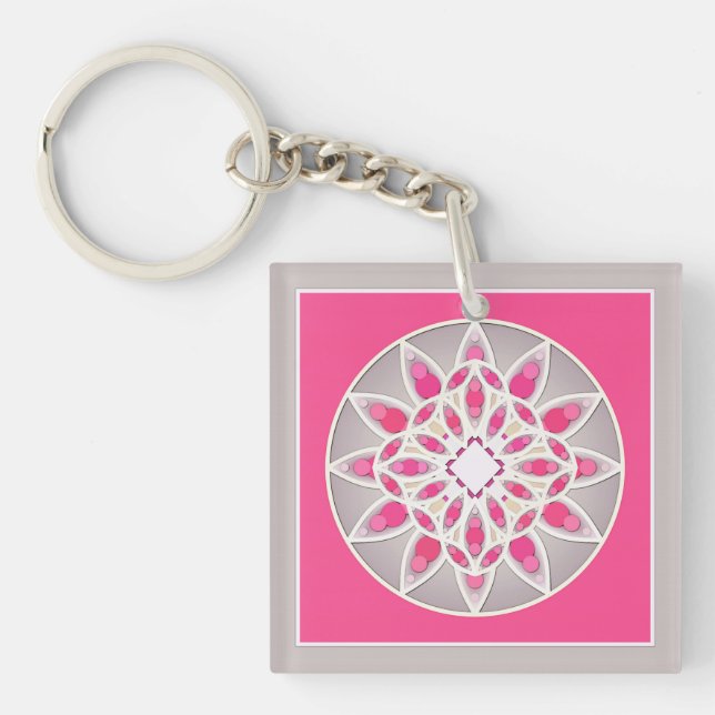 Porte-clés Motif de mandala en rose fuchsia, blanc et gris (Devant)