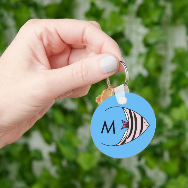 Porte-clés Motif de monogramme de poisson bleu (main)