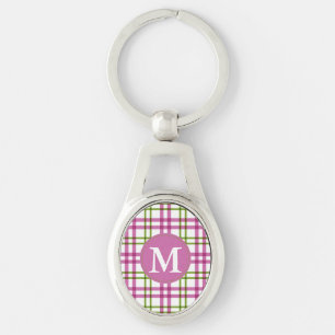 Porte-clés Motif de monogramme rose et vert Tartan