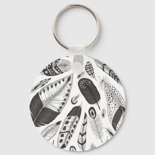 Porte-clés Motif de plumes noir et blanc (Recto)