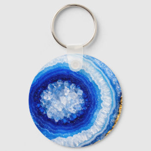 Porte-clés Motif de résine de géode bleu or