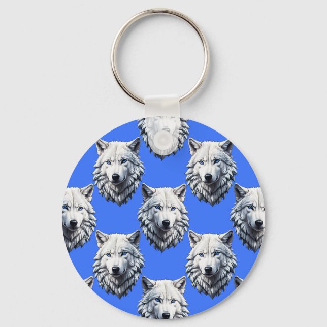 Porte-clés Motif de tête de loup blanc Design bleu (Recto)