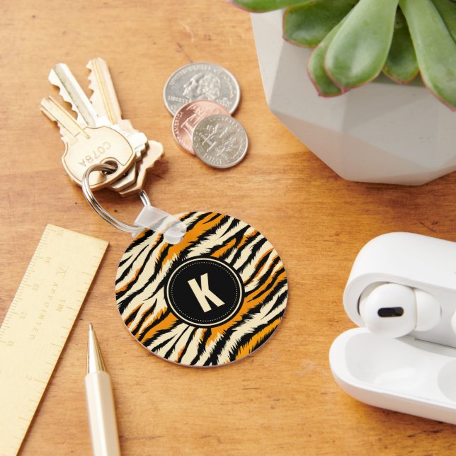 Porte-clés Motif de tigre noir et orange avec monogramme (Bureau)