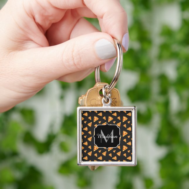 Porte-clés Motif de tranches de pizza cool et amusant Monogra (main)