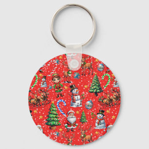 Porte-clés Motif décoratif de Noël sur fond rouge