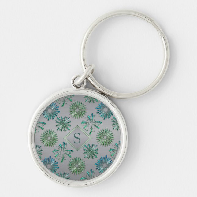 Porte-clés Motif élégant orné bleu-vert monogramme (Devant)