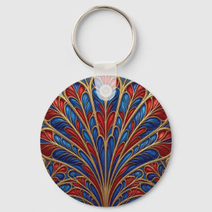 Porte-clés Motif éventail paon orné rouge bleu or royal