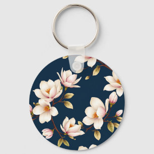 Porte-clés Motif Fleur de Magnolia Crème sur Fond Nuit