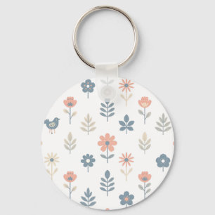 Porte-clés Motif Fleurs Oiseaux Folk Scandinave