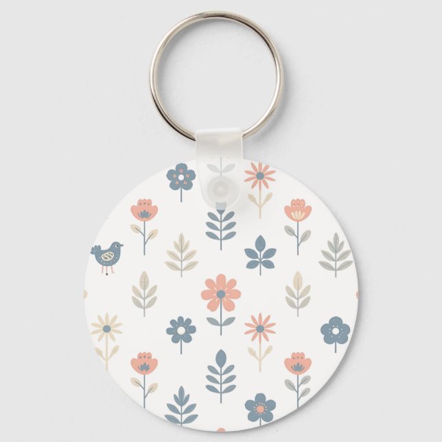 Porte-clés Motif Fleurs Oiseaux Folk Scandinave (Recto)