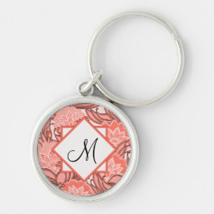 Porte-clés Motif floral de corail vibrant Monogramme