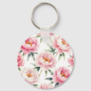 Porte-clés Motif floral de pivoine à l'aquarelle rose