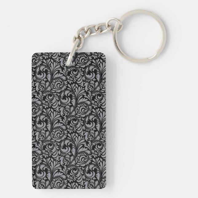 Porte-clés Motif floral élégant de damassé noire et argentée (Dos)
