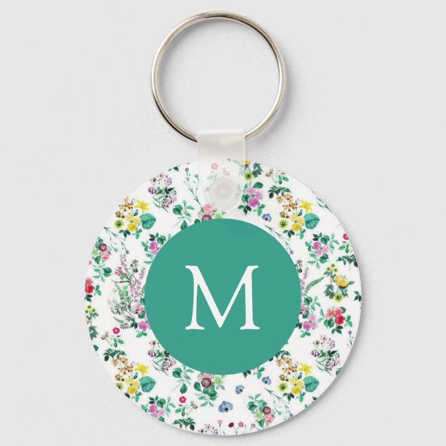Porte-clés Motif floral léger Monogramme sarcelle (Recto)