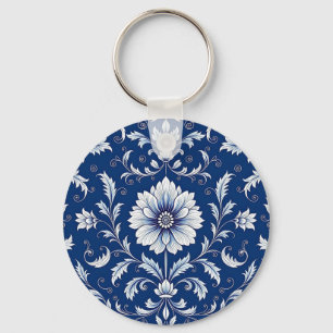 Porte-clés Motif floral porcelaine bleu marine