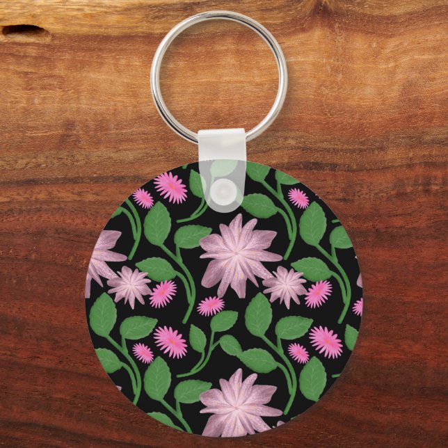 Porte-clés Motif floral rose avec feuilles vertes  (Recto)
