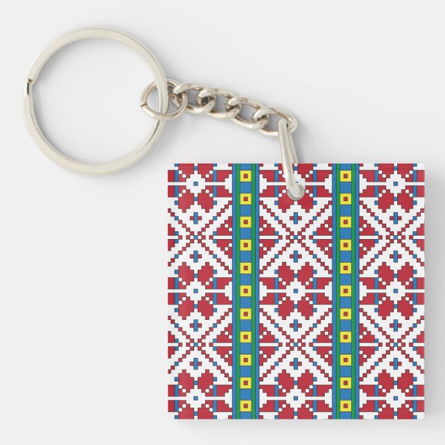 Porte-clés Motif géométrique tribal rouge, bleu et blanc étoi (Devant)