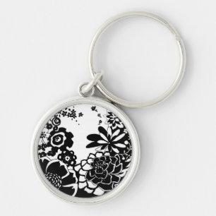 Porte-clés Motif graphique de jardin floral noir et blanc