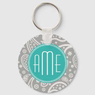 Porte-clés Motif gris floral chic de Paisley et monogramme